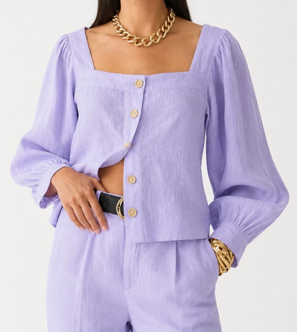 J. CREW Squareneck Button Up Top in Linen Lavender Jade Size Small